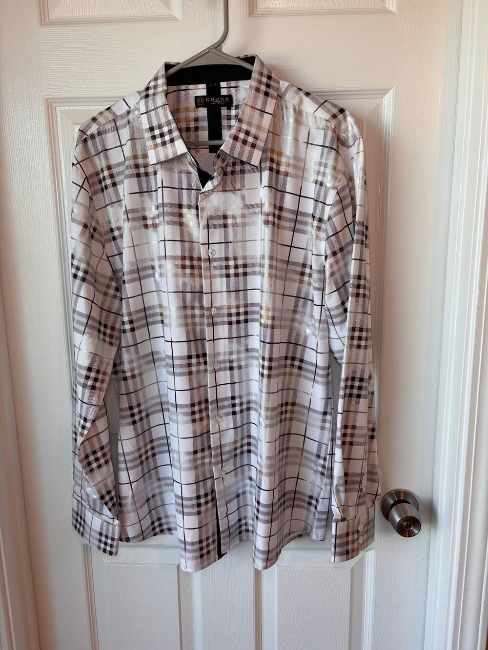 CHUXX Italy Design Men’s XL Shiny Plaid Button Down Shirt White Brown
